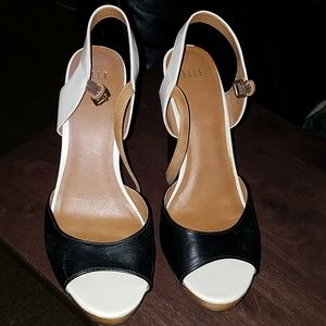 Tan, black, and white heels